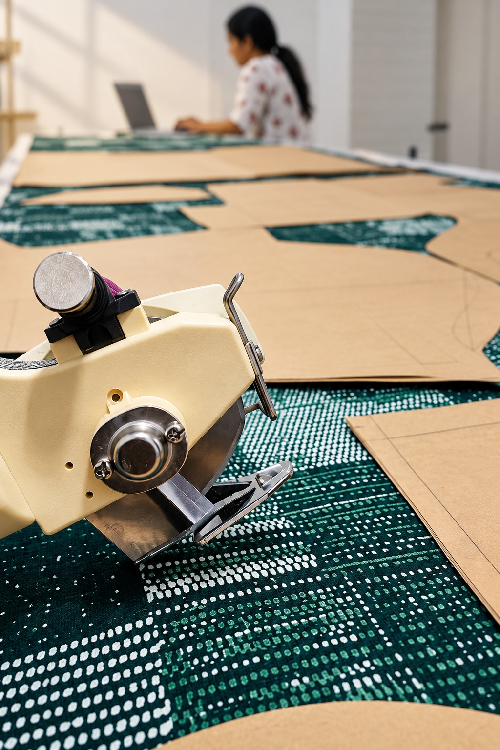 Production floor with rolls of fabric on the cutting table
